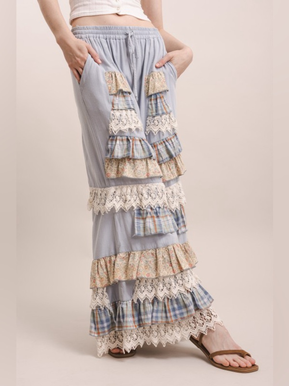 Bluevelvet mineral washed lace embroidered patchwork ruffle bohemian floral pant - Picture 4 of 5